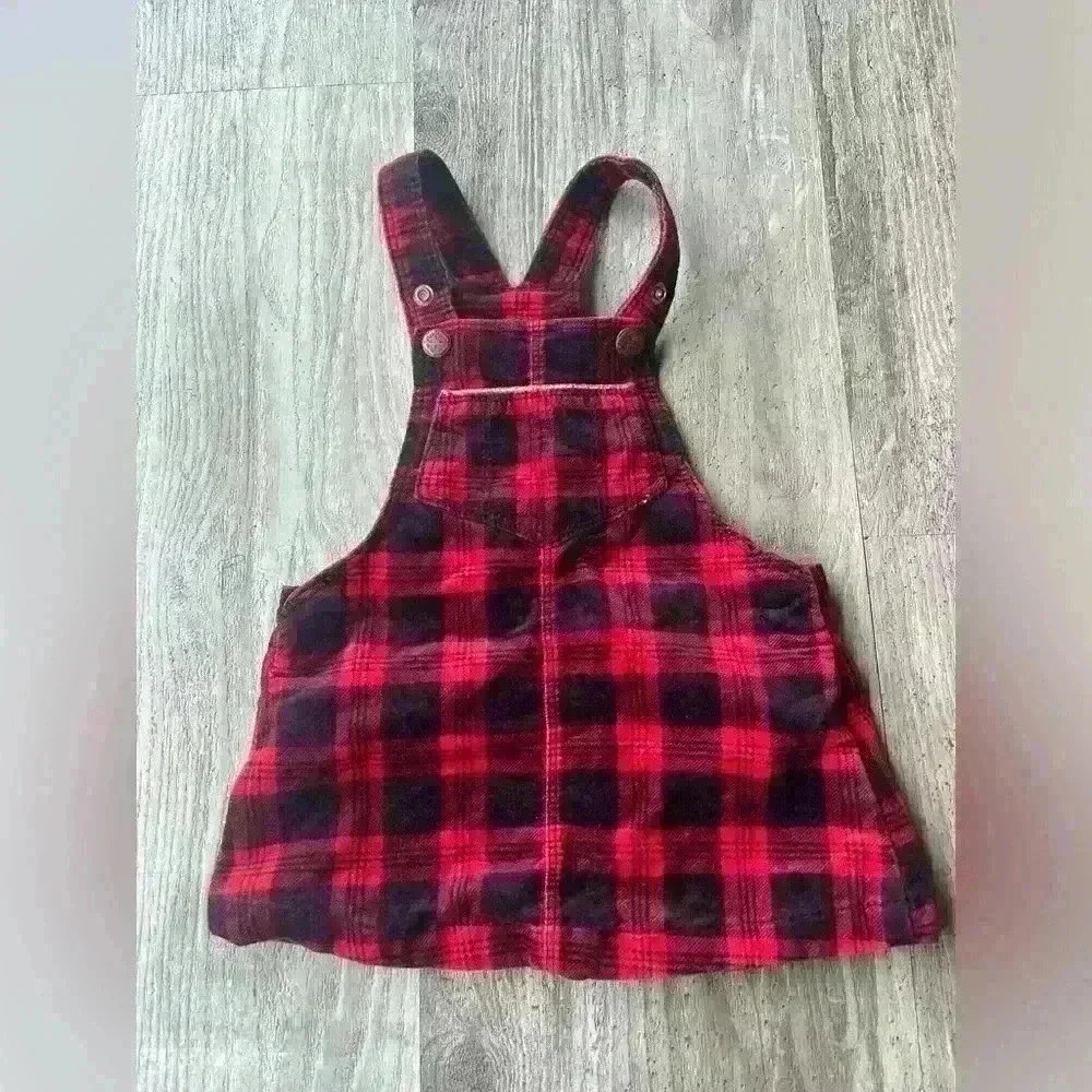 Girls Osh Kosh B’Gosh Buffalo plaid velvet overall jumper dress-‎ 6 months